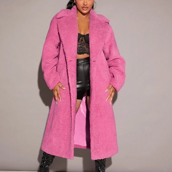 Pink Casual Womens Lapel Neck Double Button Teddy Coat - Picture 3 of 5